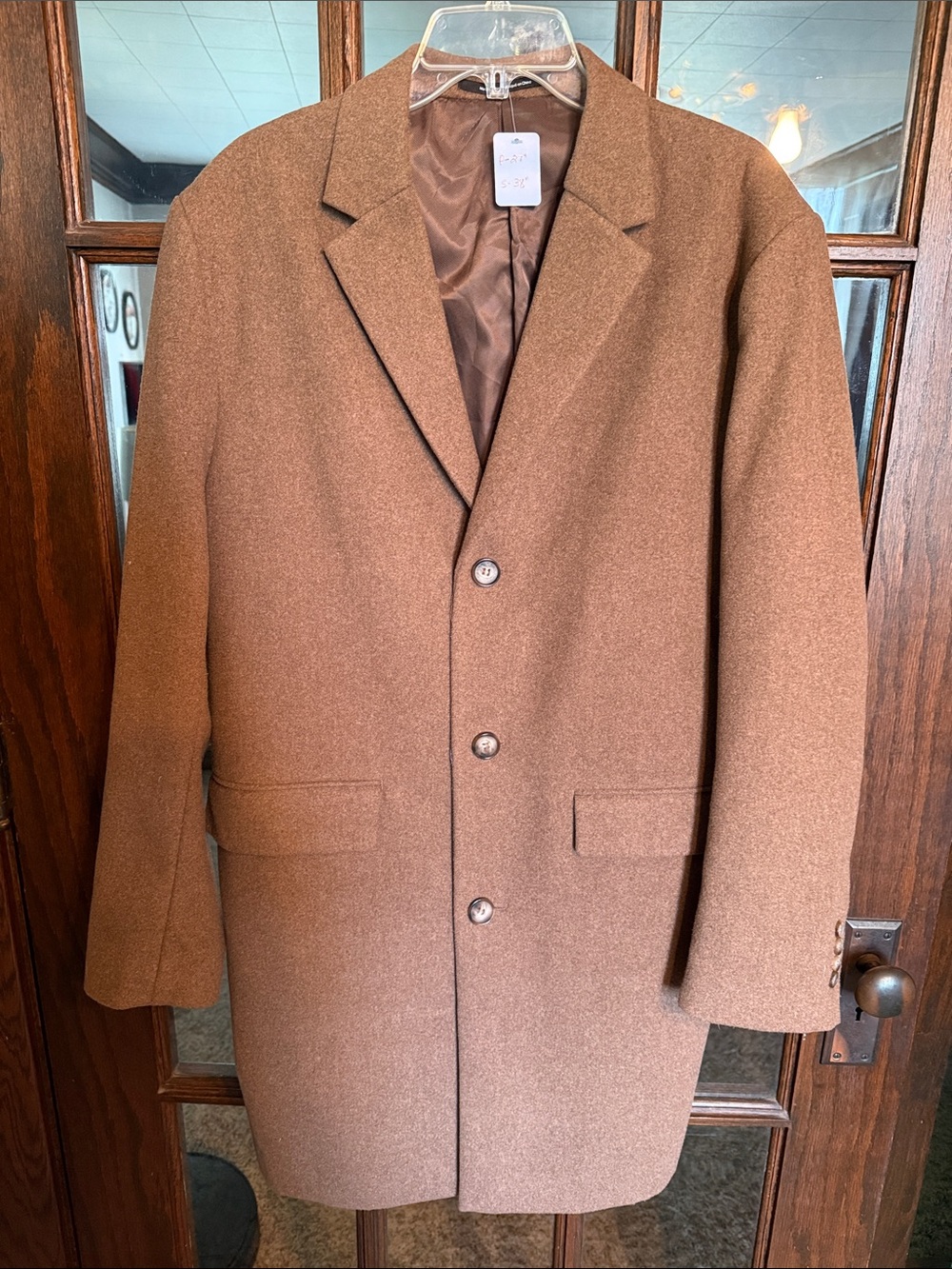 HM Mens Wool Blend Overcoat Camel Brown 3 Button Jacket XL Tailored Timeless